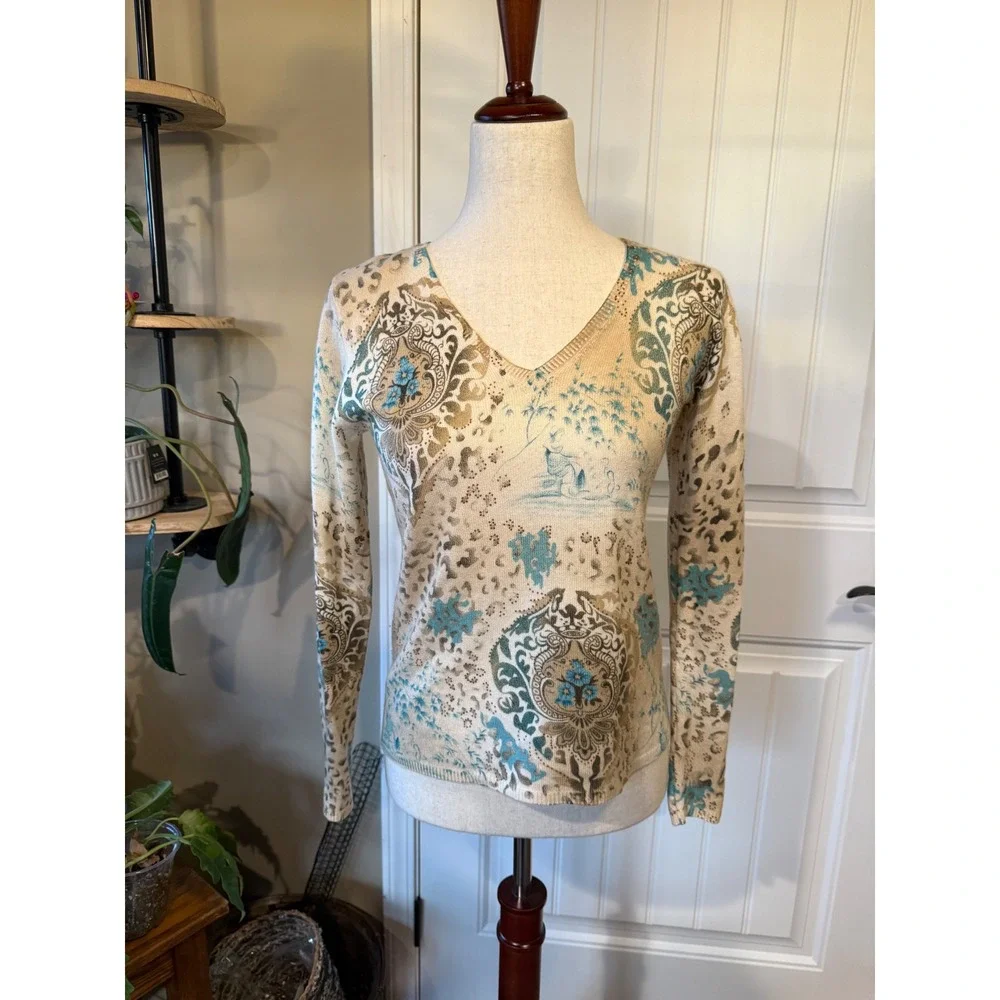 Peck‎ & Peck Pure Cashmere Women's Sweater Lightweight V-Neck Pattern Size S